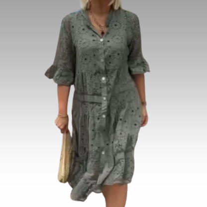 Emberly™ – Locker sitzendes Kleid mit Stickerei und Knopfleiste