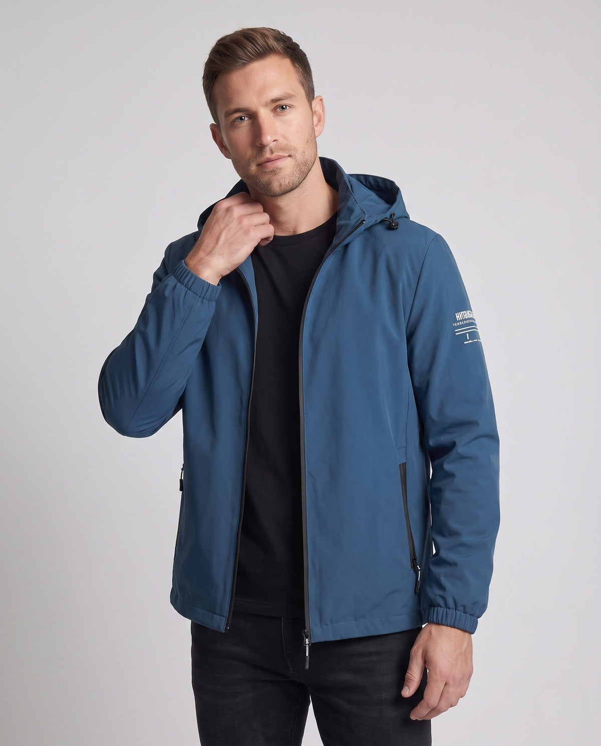 Herren leichte winddichte Hoodie-Jacke mit wärmendem Fleece-Futter und Reißverschlusstaschen drune